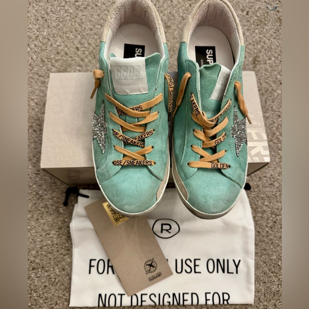 Golden Goose Turquoise Super Star w/ Silver Star Sneakers